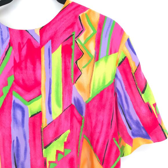 Susan Graver Vintage 80/90s Corlorful Pop Fluorescent Geometric Pattern Blouse L - Picture 4 of 13